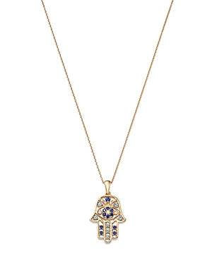 Bloomingdale's Blue Sapphire, Blue Topaz, & Diamond Accent Hamsa Hand Pendant Necklace In 14k Yellow Gold, 17 In Blue/gold