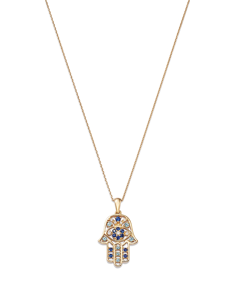 Bloomingdale's Fine Collection Blue Sapphire, Blue Topaz, & Diamond Accent Hamsa Hand Pendant Necklace in 14K Yellow Gold, 17