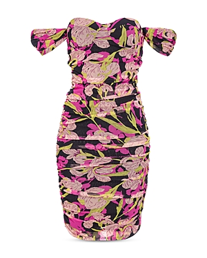 Pinko Orbitale Off The Shoulder Mini Dress In Multicolour - Black/fuchsia