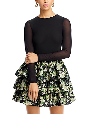 Shop Alice And Olivia Chara Ruffle Skirt Mini Dress In Black Moonlight Floral