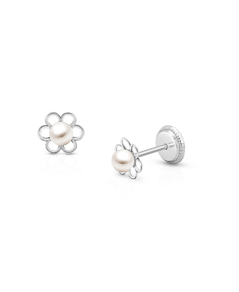 Tiny Blessings Girls' 14k Gold Petals And Cultured Pearls Studs Screw Back Earrings - Baby, Little Kid, Big Kid In K White Gold