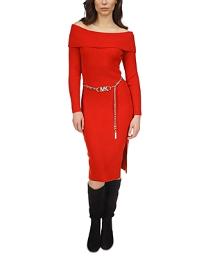 Michael Kors Michael  Ribbed Chain Belt Dress In Crimson