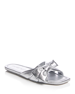 Stuart Weitzman Sofia Bow-detailed Metallic Leather Slides In Silver