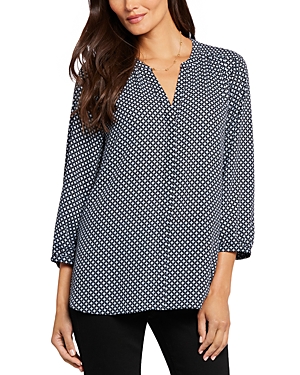 NYDJ THREE QUARTER SLEEVE PRINTED PINTUCKED BACK BLOUSE