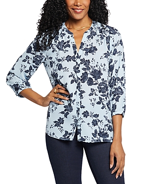 NYDJ THREE QUARTER SLEEVE PRINTED PINTUCKED BACK BLOUSE