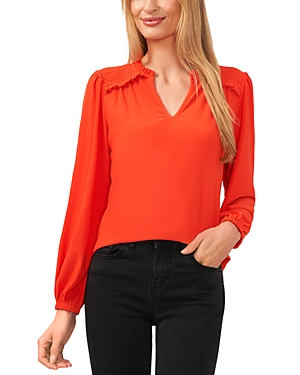 Cece Smocked Shoulder V-neck Blouse In Cherry Pop