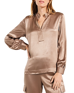 Nic + Zoe Elevated Split Neck Textured Satin Top In Stucco