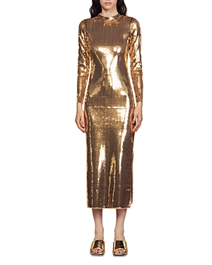 Shop Sandro Ciara Sequined Back Cutout Midi Dress In Gold