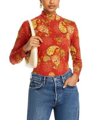 Johnny Was Paisley Lace Mock Neck Top In Orange In Red