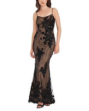 Shop Dress The Population Giovanna Floral Mesh Applique Gown In Black/nude