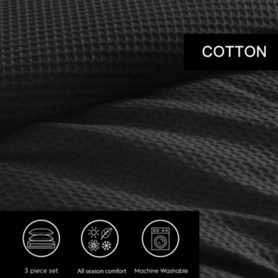 Waffle Pique Black Cotton Duvet Cover Set, King
