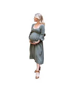 Emilia George Sophie Long Sleeve Maternity Midi Dress In Olive Green