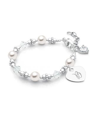  Girls Sterling Silver Crystals & Cultured Pearls & Initial 5.25" Bracelet - Children