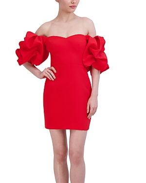 Shop Bcbgmaxazria Off-the-shoulder Puff Sleeve Dress In Rosso
