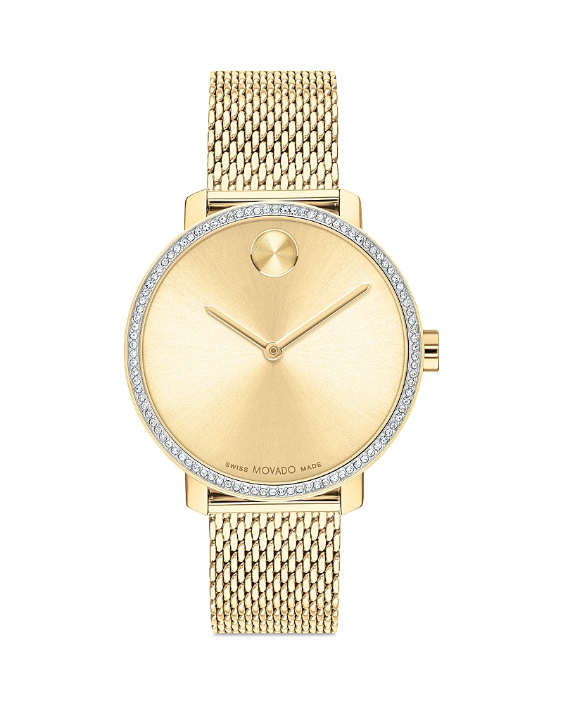 Movado Bold Crystal Bezel Mesh Strap Watch, 34mm In Gold
