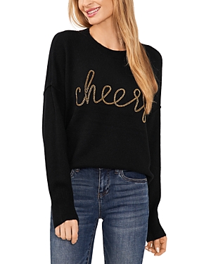 Cece Womens Beaded Ribbed Trim Pullover Sweater In Rich Black
