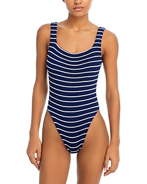 Hunza G Square Neck Crinkle One Piece Swimsuit In Navy White