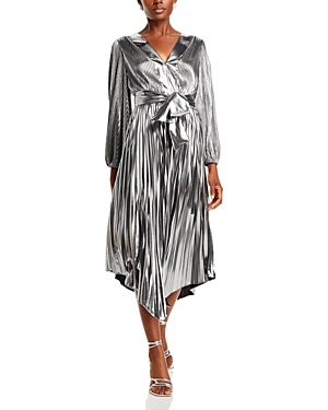 Shop Milly Liora Pleated Metallic Plunge Neckline Dress In Silver