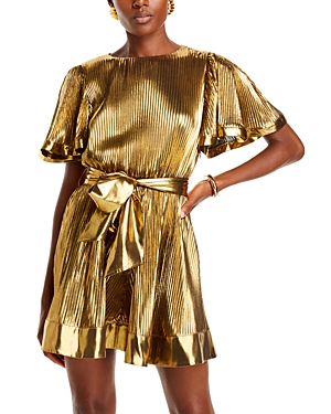 Shop Milly Lumi Pleated Flutter Metallic Mini Dress In Gold