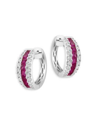 Bloomingdale's Fine Collection - Princess Cut Ruby & Diamond Hoop Earrings in 14K White Gold