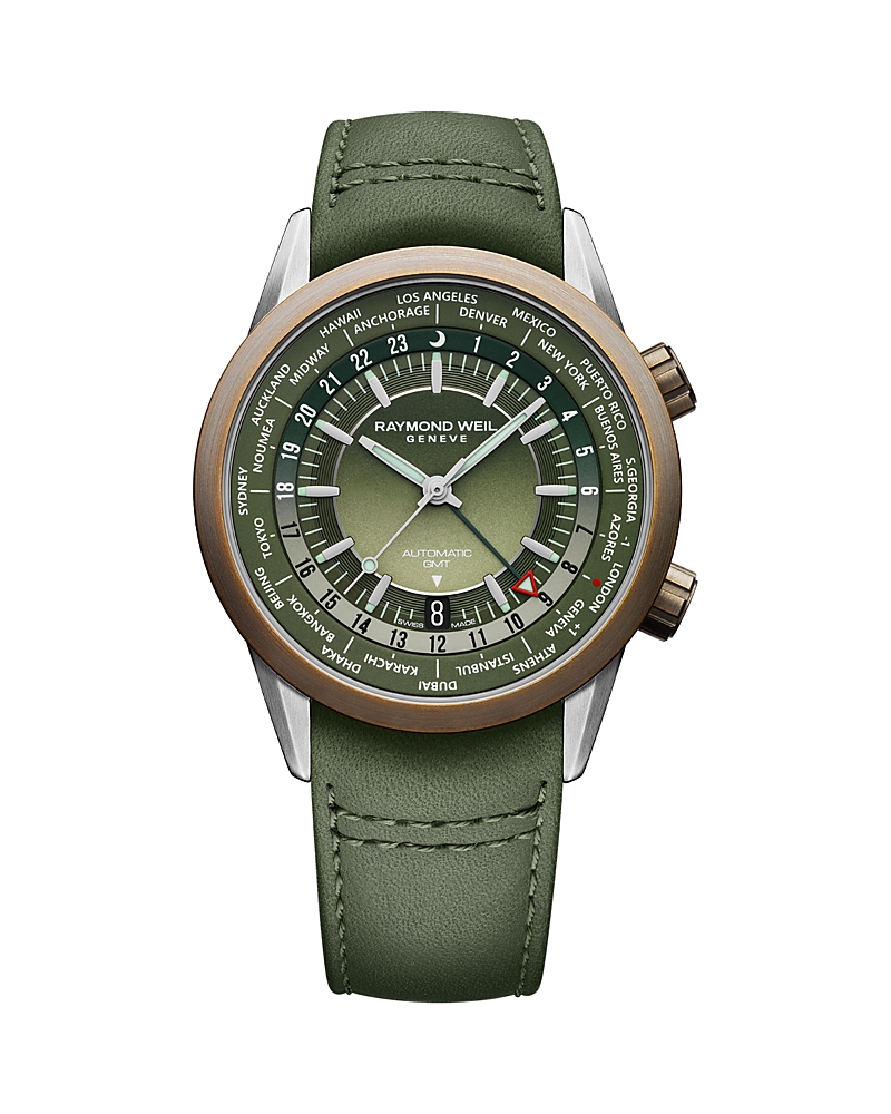 Raymond Weil Freelancer Automatic Gmt Worldtimer Green Dial Bronze Bezel Leather Strap Men's Watch 2765-sbc-52001 In Green
