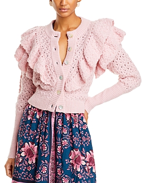 Farm Rio Ruffled Textured Knit Cardigan In Pink
