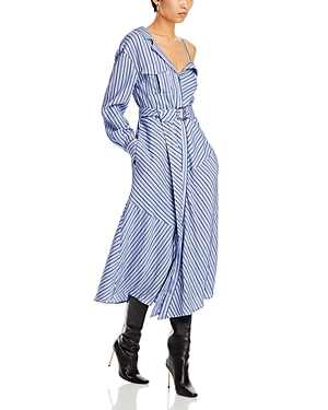Shop Cinq À Sept Cinq A Sept Marcella Striped One Shoulder Midi Shirt Dress In Navy/raincloud