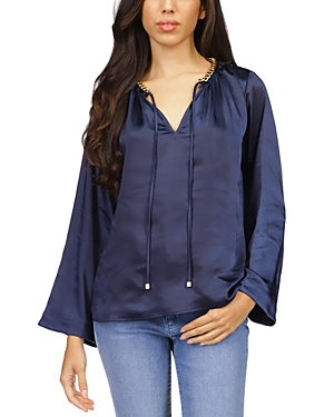 Michael Kors Bell Sleeve Chain Neck Top In Midnight Blue