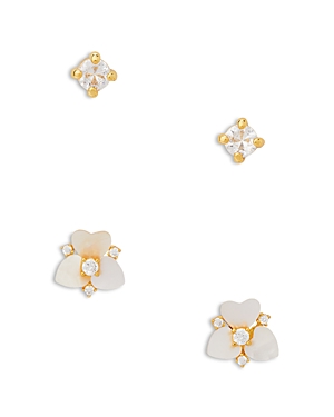 Shop Kate Spade New York Precious Pansy Crystal & Mother Of Pearl Pansy Stud Earrings, Set Of 2 In White/gold