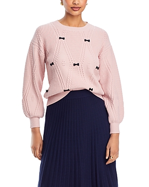 Nancy Yang Pointelle Knit Mini Bow Sweater In Pink