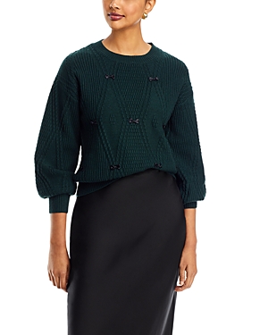 Nancy Yang Pointelle Knit Mini Bow Sweater In Green