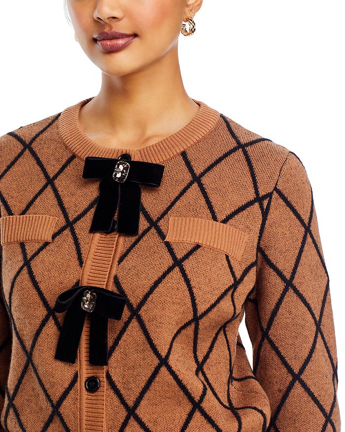Shop Nancy Yang Embellished Velvet Bow Knit Cardigan In Brown