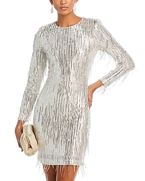 Shop Eliza J Sequin Fringe Long Sleeve Cocktail Dress In Silver