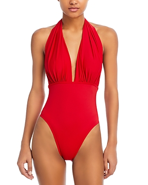 Shop Norma Kamali Open Back Halter Swimsuit In Tiger Red