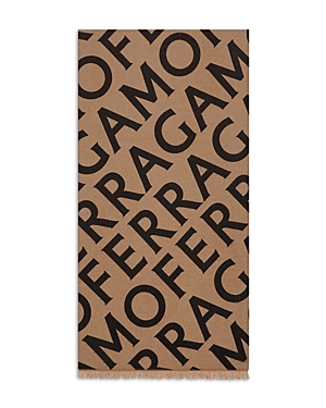 Ferragamo Logo Intarsia-knit Fringed Scarf In Beige/black