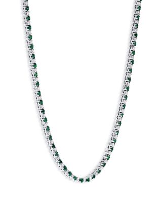 Emerald & Diamond Tennis Necklace in 14K White Gold, 17"