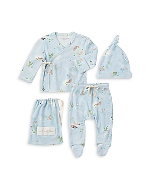 Elegant Baby Kids' Unisex Lake Print Wrap Top, Footed Pants & Hat Gift Set - Baby In Blue