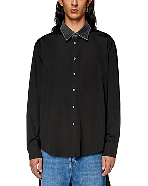 Shop Diesel S-holls Cotton Poplin Denim Collar Regular Fit Button Down Shirt In Deep Black