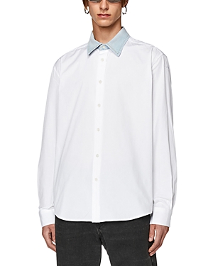 Shop Diesel S-holls Cotton Poplin Denim Collar Regular Fit Button Down Shirt In White