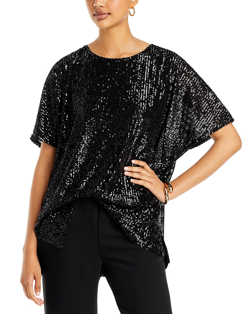 Caroline Rose Dolman-sleeve Sequin Caftan Top In Black