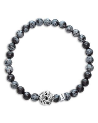 Men's Sterling Silver Anthem Snowflake Obsidian Bead Skull Stretch Bracelet - Exclusive