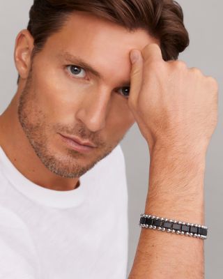 Men's Sterling Silver Anthem Obsidian Bead Skull Stretch Bracelet - Exclusive