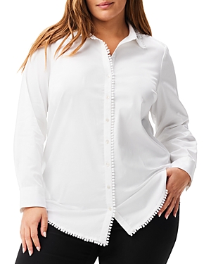 Nic+zoe Plus Round About Pom Pom Trim Button Front Shirt In Paper White