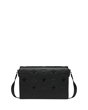 Shop Mcm Klassik Small Maxi Monogram Embossed Leather Messenger Bag In Black
