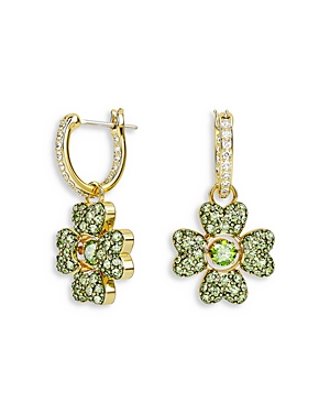 Shop Swarovski Idyllia Crystal Clover Dangle Hoop Earrings In Green/gold