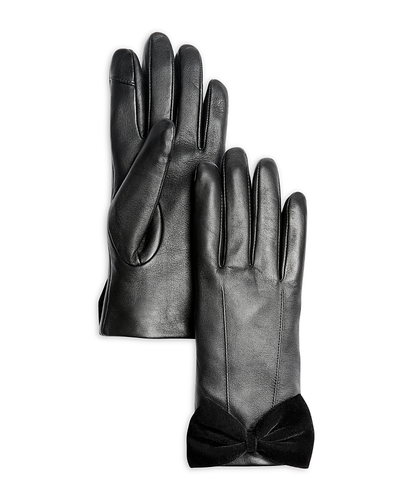 Aqua Leather Gloves With Velvet Bow - Exclusive In Black