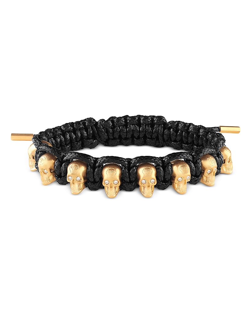 Philipp Plein Gold-tone Ip Stainless Steel 3d $kull Black Cord Slider Bracelet In Gold/black