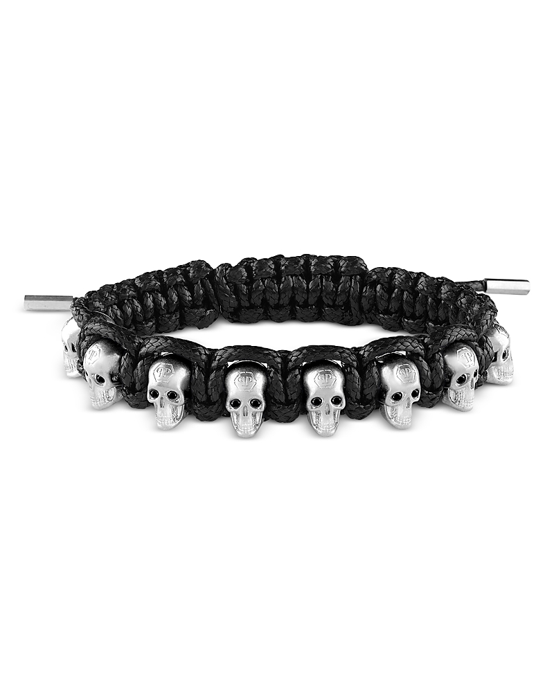 Philipp Plein Stainless Steel 3d $kull Black Cord Slider Bracelet In Silver/black