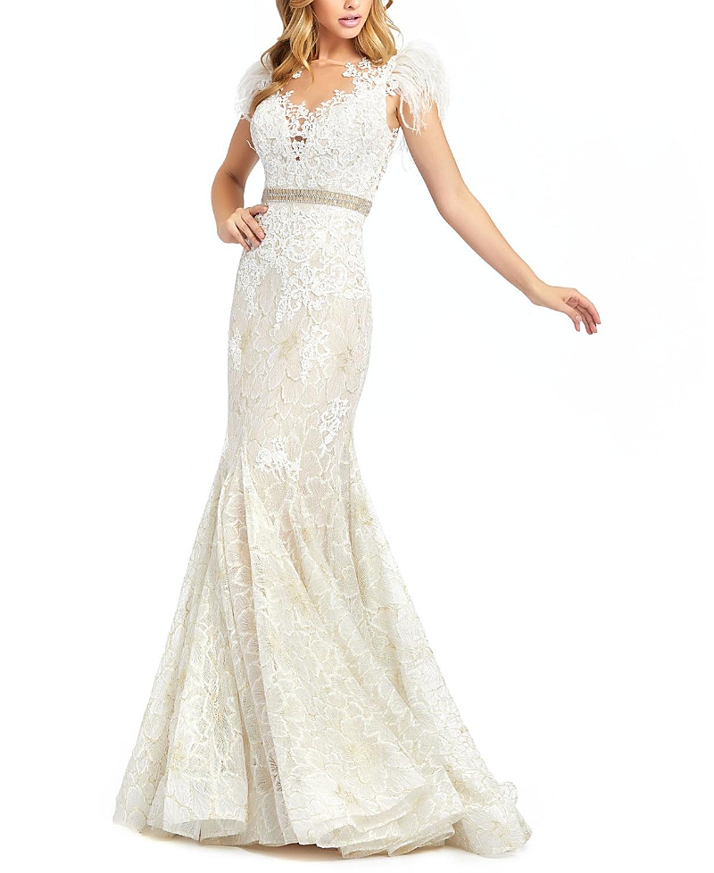 Mac Duggal Illusion Sequin Lace Feather Sleeve Mermaid Gown In Ivory Nude