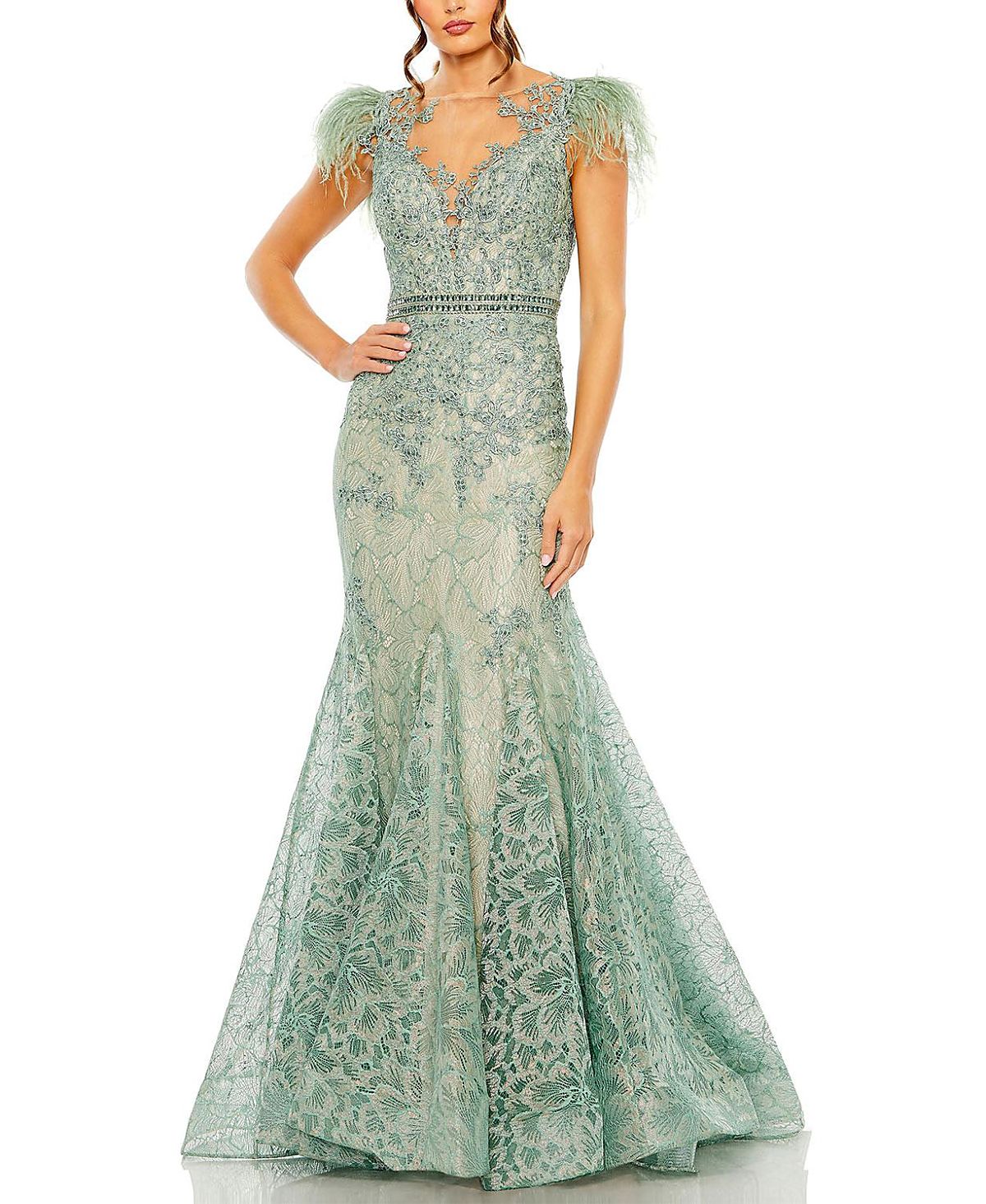 Mac Duggal Embellished Feather Cap Sleeve Illusion Neck Trumpet Gown